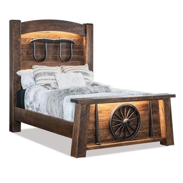 Dark Wood Plank Bed Frame with Extra High Rough Sawn Headboard