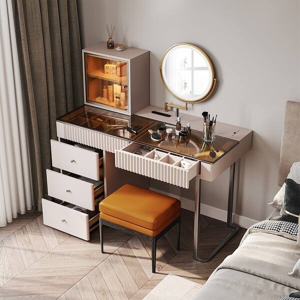 Dark Wood Vanity with Smoked Glass Tabletop and LED Mirror