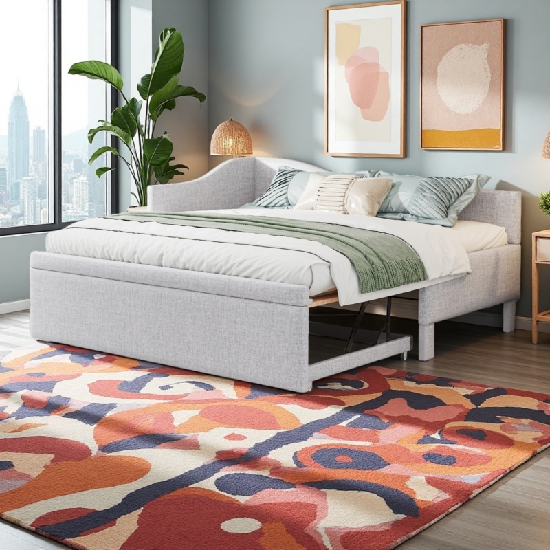 Daybed, Beige Linen-Like L-Shaped Corner Design with Trundle