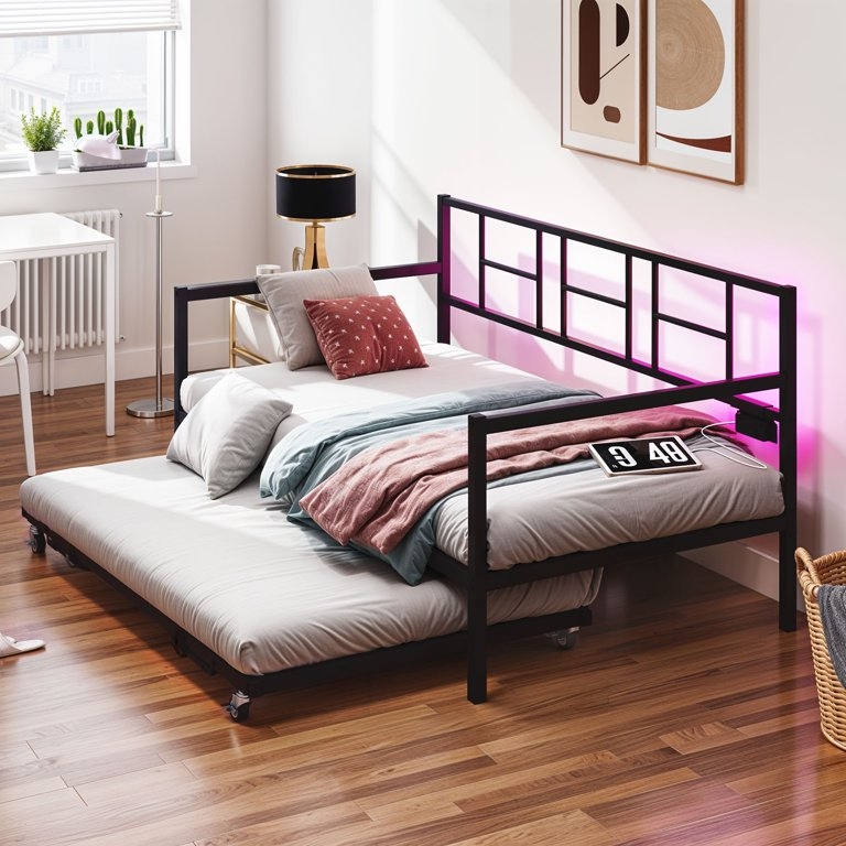 Daybed Integrated Charging Station Built In Lamp Matte Black Metal