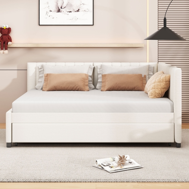 Daybed Pull Out Trundle Button Tufting Nailhead Trim Beige Fabric