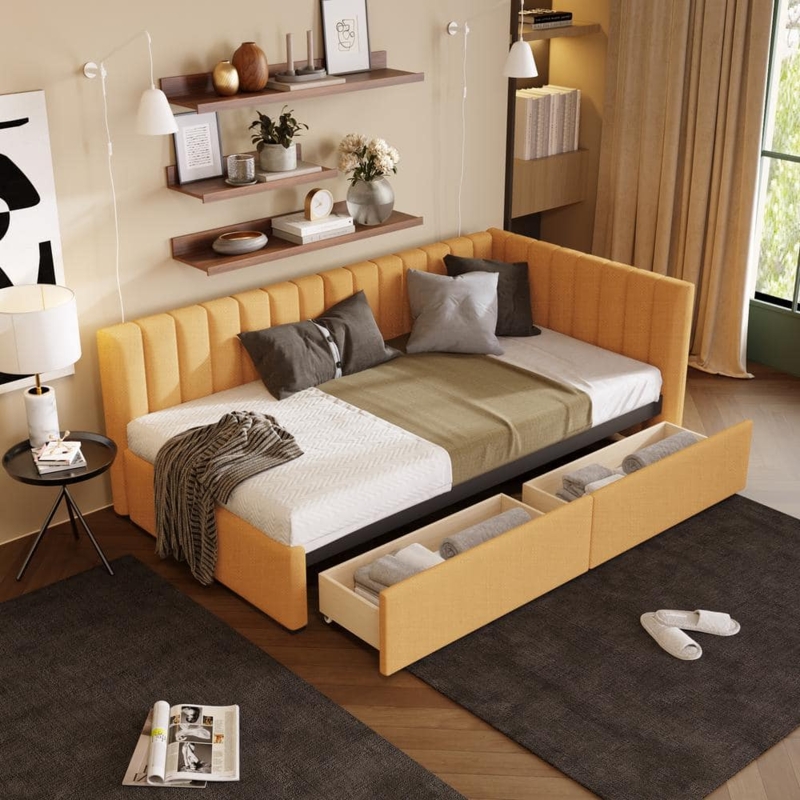 Daybed with Channel Tufted Back, Storage Drawers, and Wood Legs