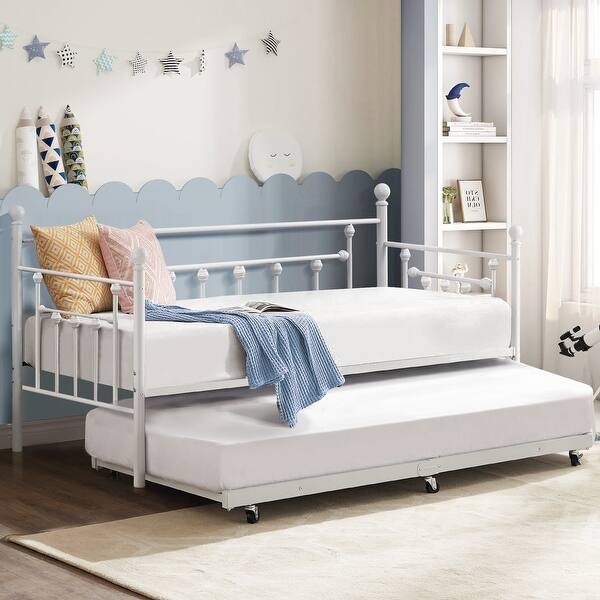 Daybed with Trundle Bed, Black Metal Frame & Vertical Slats