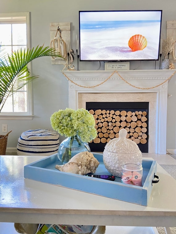 Decorative Tray Turquoise Reclaimed Wood Look Handles Coastal Style