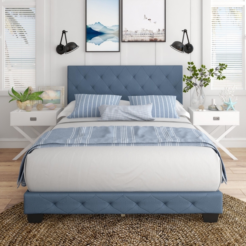 Deep Blue Platform Bed with Tall Panel Headboard