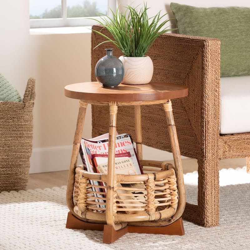 Derenik Natural Rattan and Mahogany Wood End Table - Boho Accent Side Table with Basket Base, Coastal Style Living Room Table - Natural/Light Brown