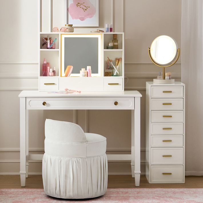 Desktop Vanity Tri-Fold Mirror Marquee LED Bulbs Storage