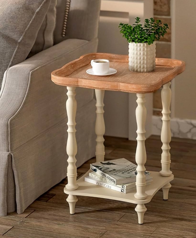 Distressed Cream End Table with Tray Top and Curved Legs