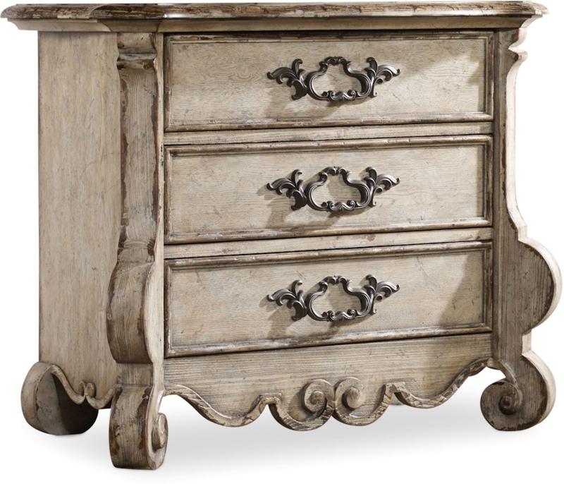Distressed Cream Nightstand Cabinet featuring Decorative Fretwork Panels
