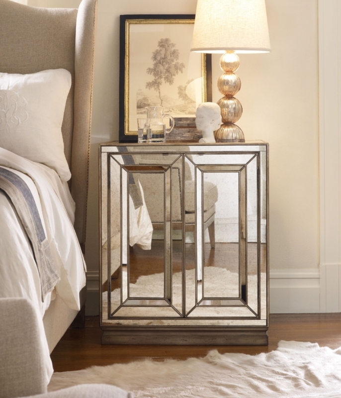 Distressed Cream Nightstand, Mirrored Fretwork Doors and Tapered Legs
