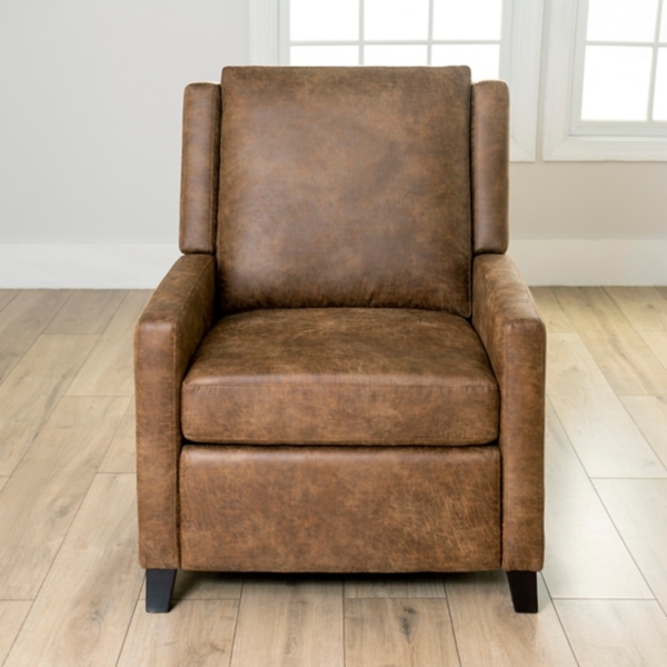 Distressed Faux Leather Recliner featuring Flared Arms