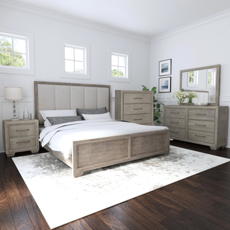 Distressed Gray Bedroom Set with Button-Tufted Upholstered Panel Bed