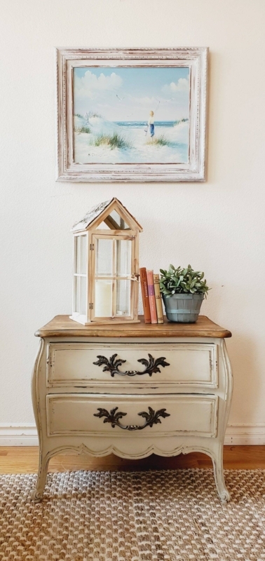 Distressed Grey Bedside Table with Turned Legs and Open Shelf