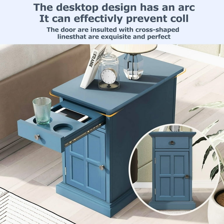 Distressed Narrow Profile Table with Cup Holders & USB