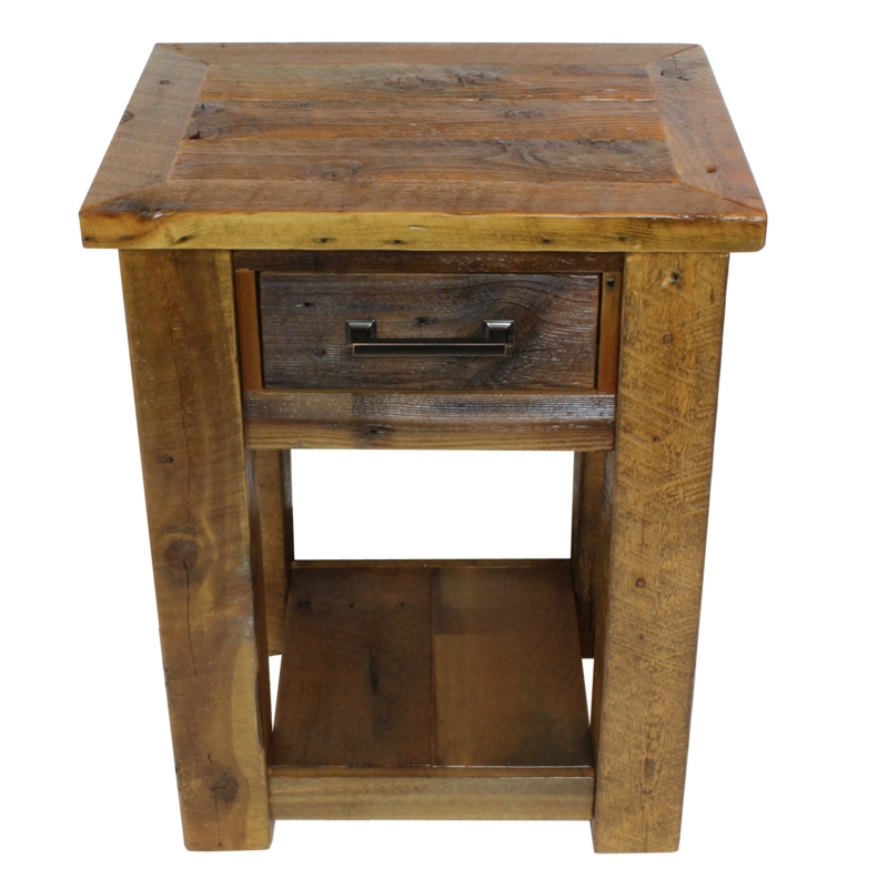 Distressed Nightstand with One Drawer, Open Shelf, and Wood Tone.