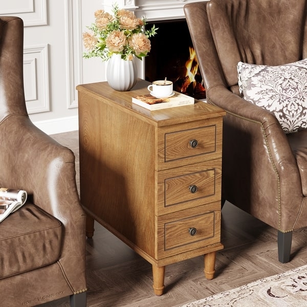 Distressed Off-White End Table Three Drawers Coastal Farmhouse Style