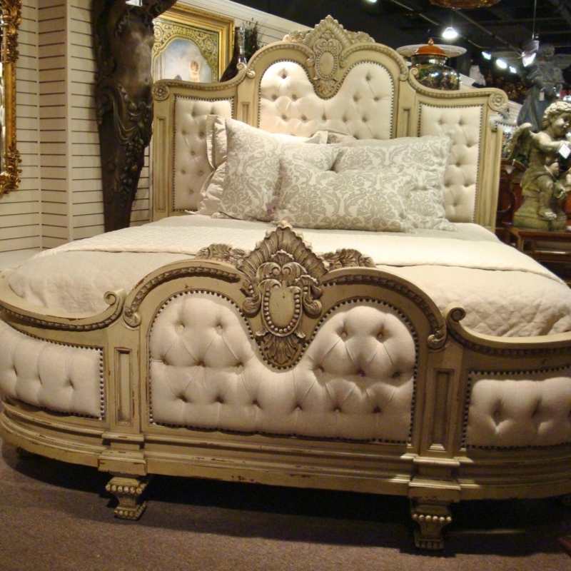 Distressed Parchment King Bed with Scrolled Headboard & Button Tufting