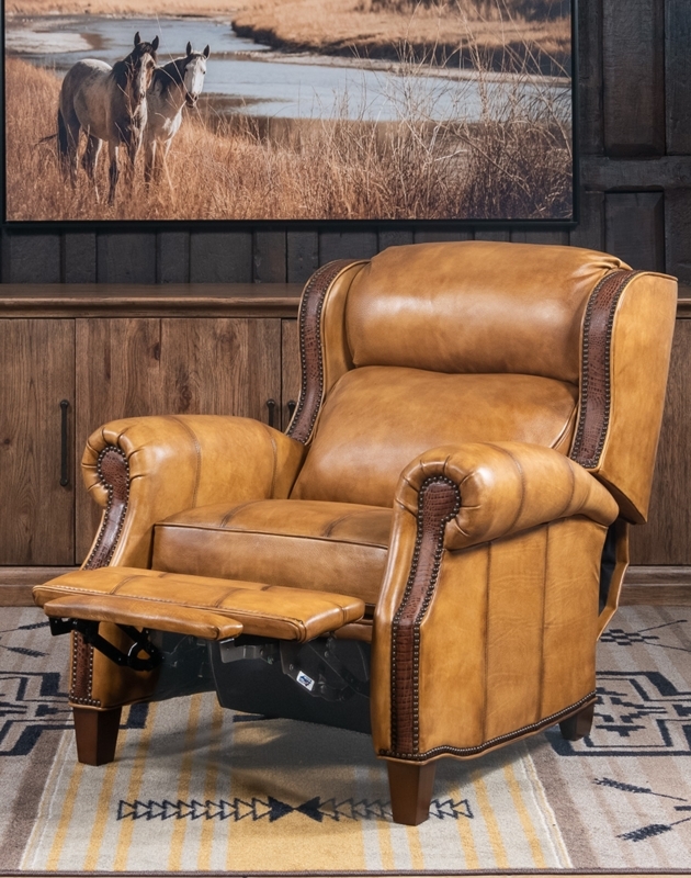 Distressed Tan Leather Western Recliner with Nailhead Trim and Rolled Arms