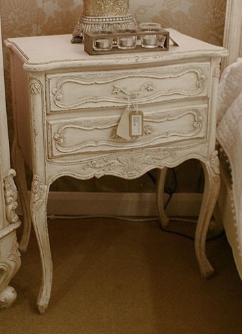 Distressed White Bedside Storage with Three Drawers and Carvings