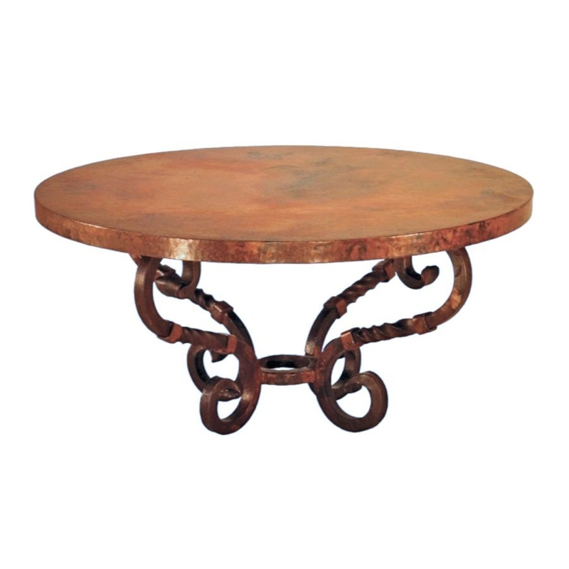 Distressed Wood Base Coffee Table Round Copper Top Nailhead Trim