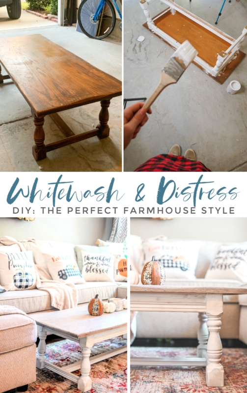 Distressed Wood Coffee Table with Lower Storage Shelf and Block Legs