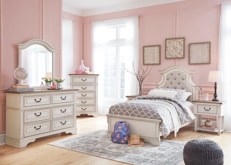 Distressed Youth Bedroom Set Chipped White Finish Tufted Linen