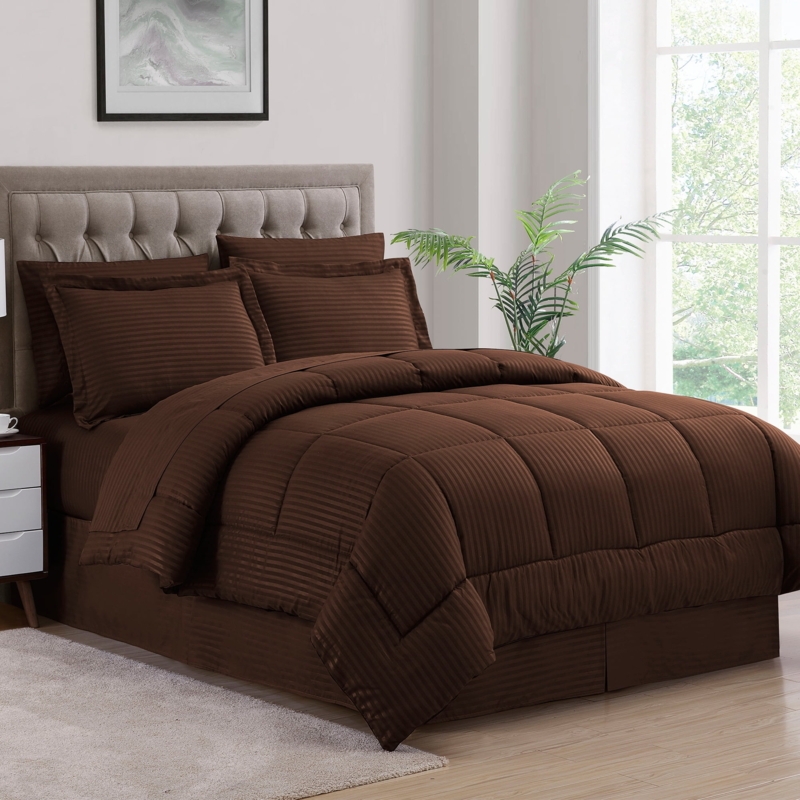 Dobby Stripe Bed in A Bag 8 Piece Comforter Sheet Bed Skirt Sham Set Queen - Chocolate, Brown