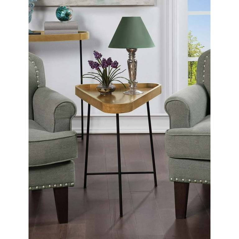 Driftwood Finish Triangular End Table with Black Metal Legs