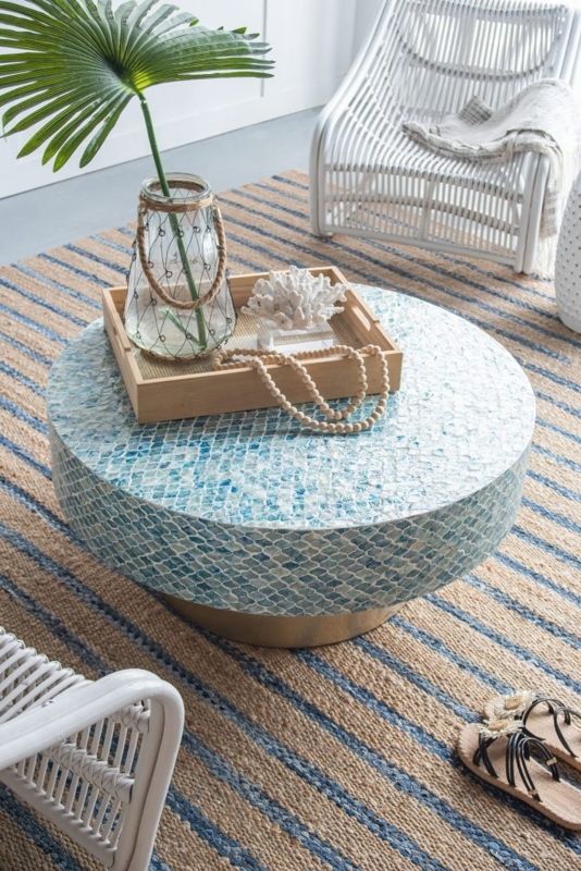 Drum Coffee Table Blue Capiz Shell Iridescent Mosaic Coastal Style
