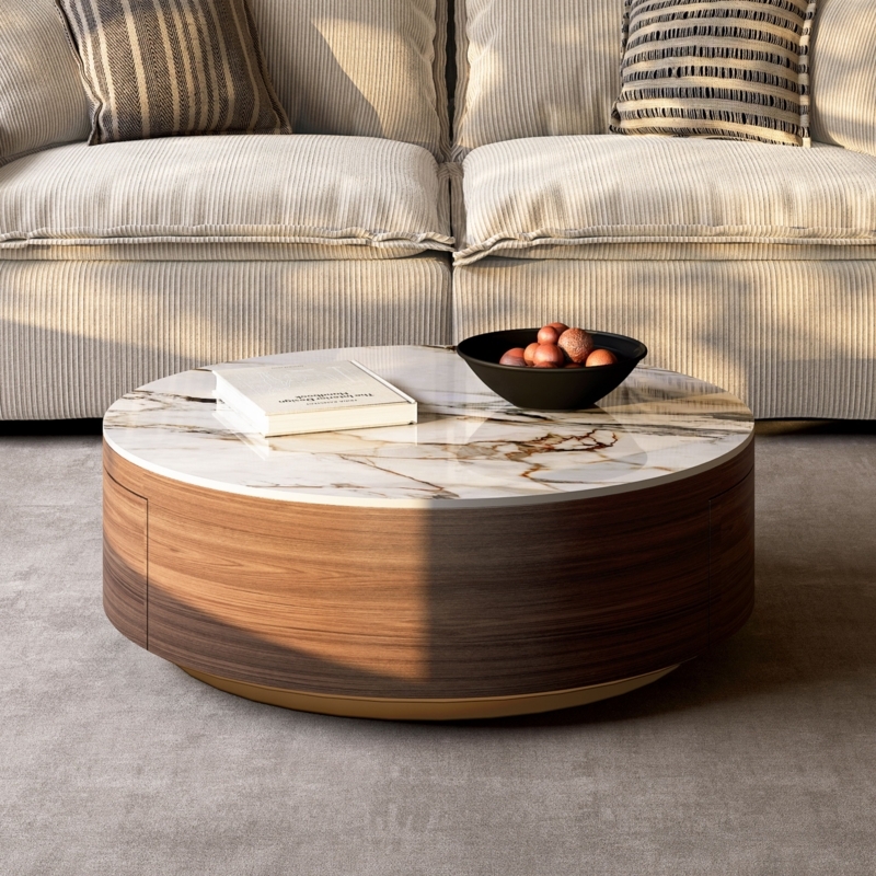 Drum Coffee Table Fluted Wood Base Stone-Like Top with Storage