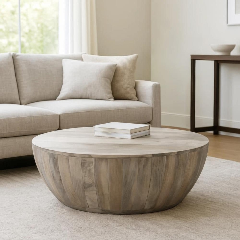 Drum Coffee Table in Whitewashed Mango Wood with Recessed Base