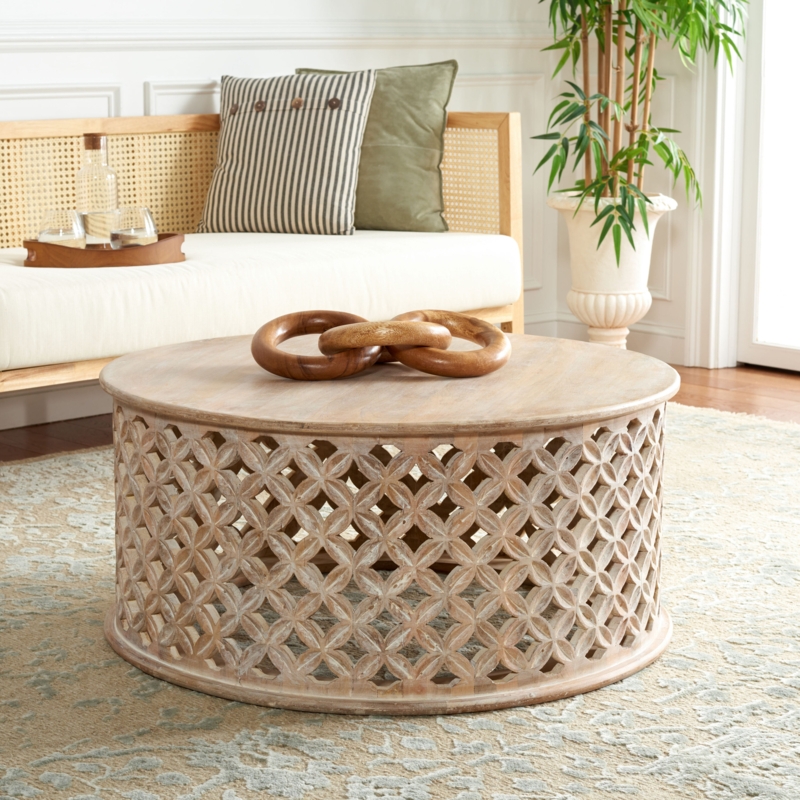 Drum Coffee Table Natural Grain Pattern Lacquer Finish Wood Coastal