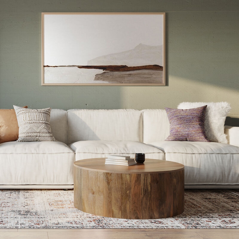 Drum Coffee Table Natural Wood, Vertical Staves Rustic Modern Design