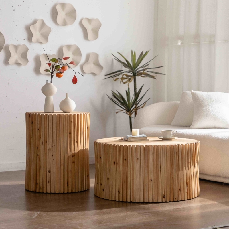 Drum Coffee Table Set in Natural Wood Tone with Vertical Ribbed Texture