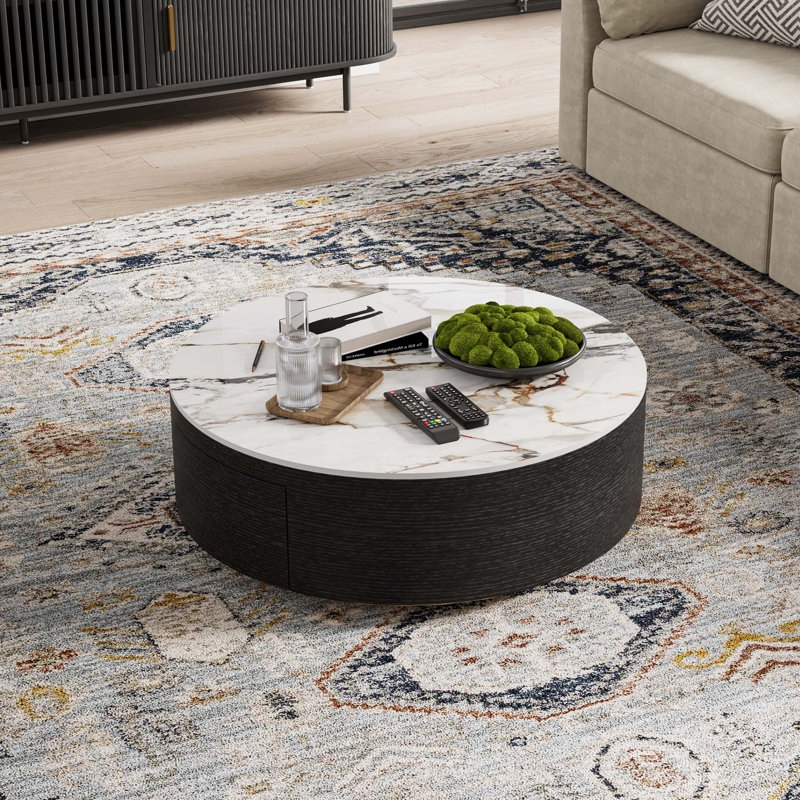 Drum Coffee Table Sintered Stone Top, Ribbed Wood with Gold Trim