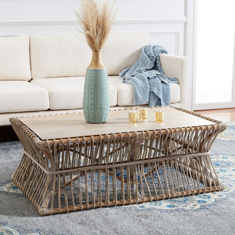 Drum Coffee Table Weathered Gray Rattan Woven Texture Coastal Bohemian