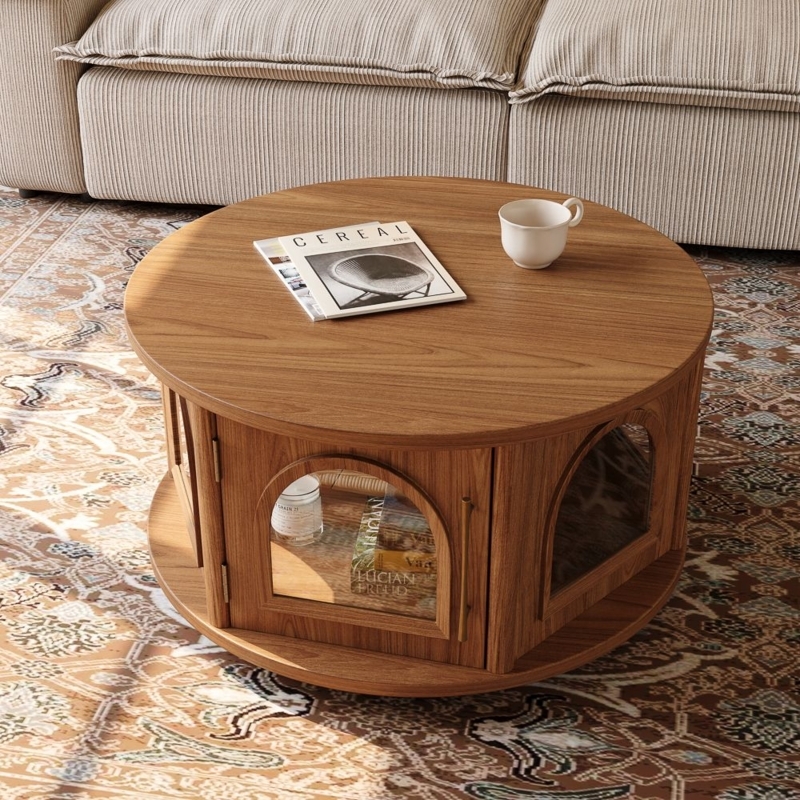 Drum Coffee Table with Arch Detail, Walnut Finish Retro Storage