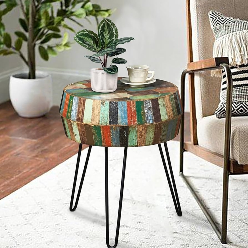 Drum End Table, Rustic Multicolor Wood Slat, Distressed Finish