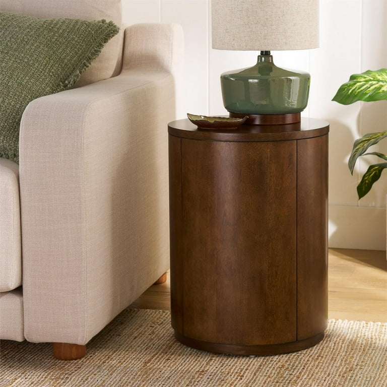 Drum End Table Walnut Slatted Sides Organic Modern Accent