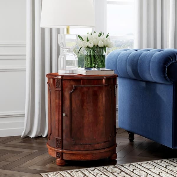 Drum Side Table Dark Brown Slatted Sides Round Accent Table Stone Top