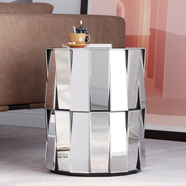 Drum Side Table, Faceted Silver Mirrored Panels, Geometric Pattern