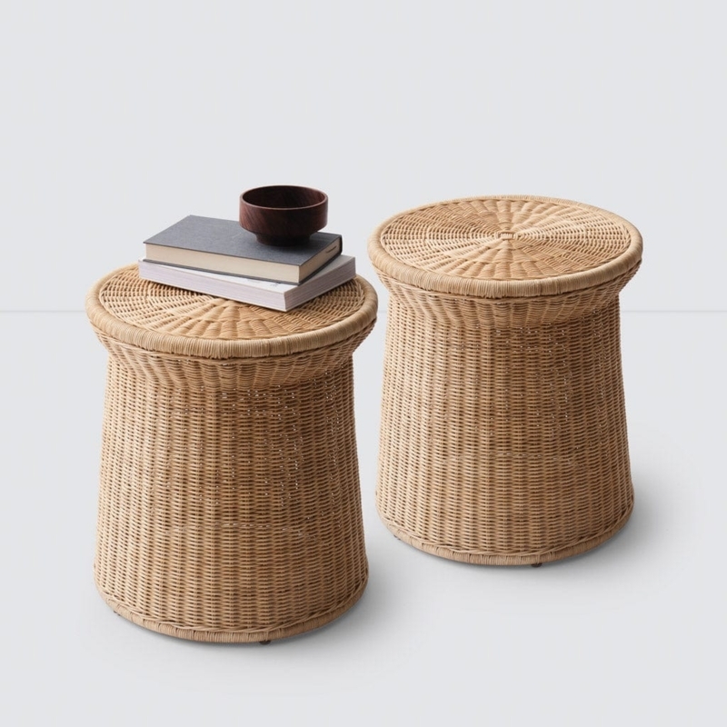 Drum Side Table Woven Wicker Wood Top Organic Modern Accent