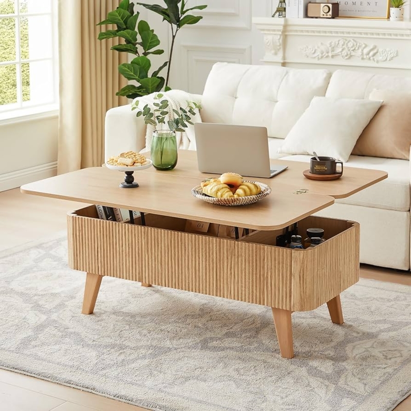 Dual Lift Top Coffee Table Oval Shape, Natural Wood Fluted Base Scandi