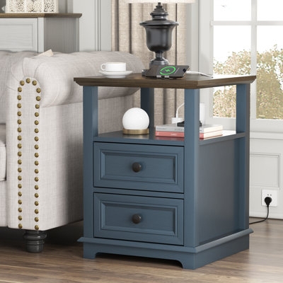 Dusty Blue End Table Built-In Outlets Sled Base Charging Station