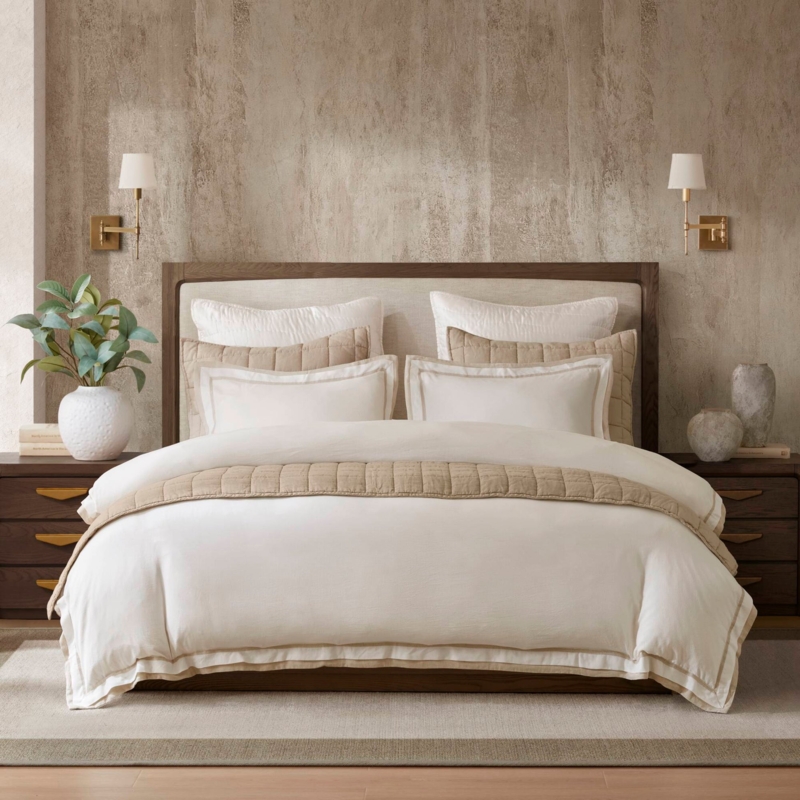 Duvet Cover Double Flange Edge White And Gray Linen Blend Coastal