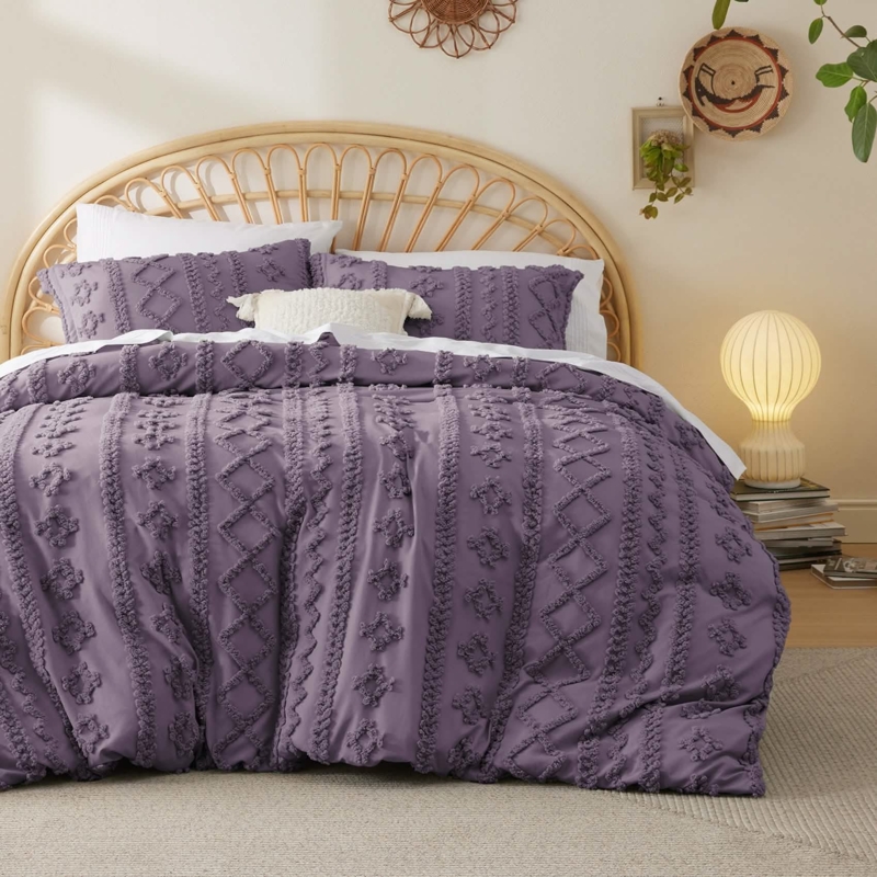 Duvet Cover Set Boho Tufted Geometric Texture Embroidery Muted Grayish