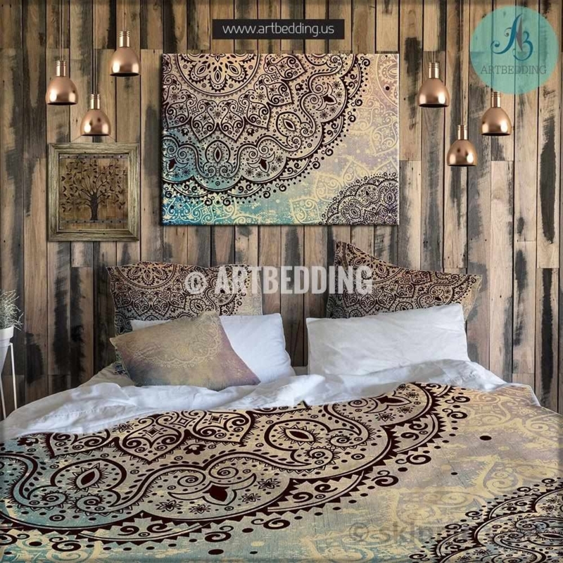 Duvet Cover Set Large Scale Mandala Charcoal Teal Orange Vibrant Indie