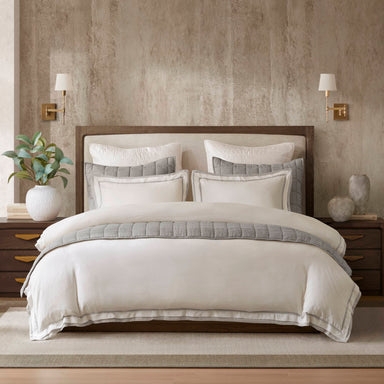 Duvet Cover, White Linen-Like with Gray Contrast Double Flange