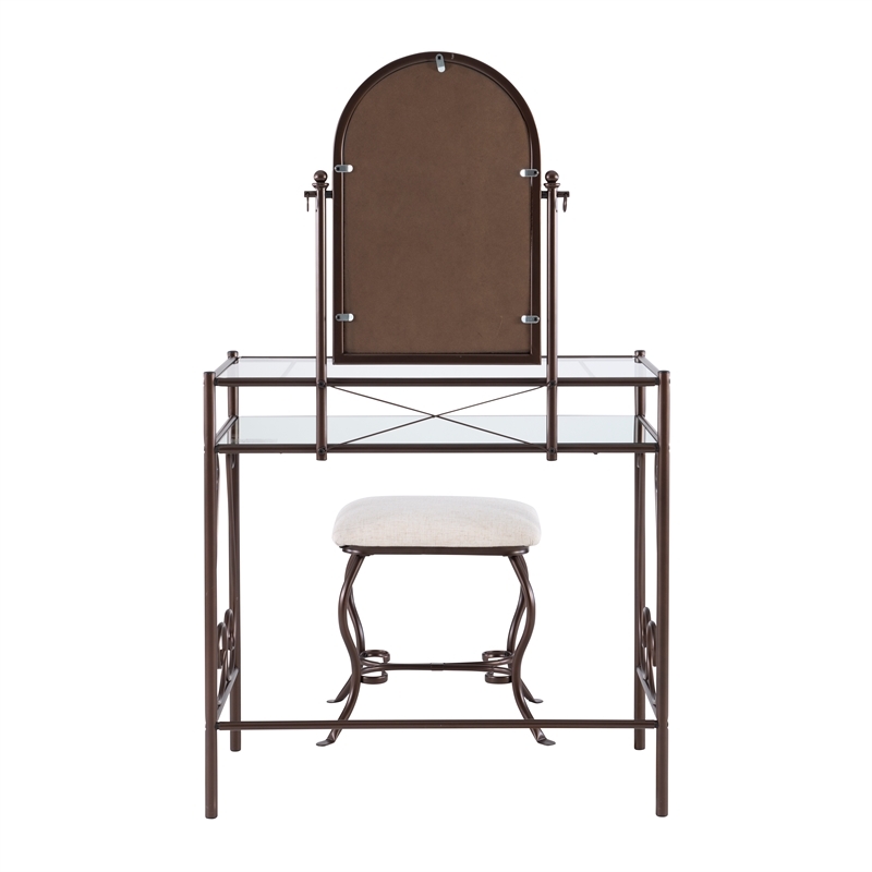 Elegant Bronze Vanity Set featuring Arched Mirror and Linen-Like Seat