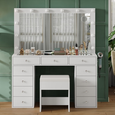 Eleven Drawer Makeup Desk Storage with Glass Top and Bulbs